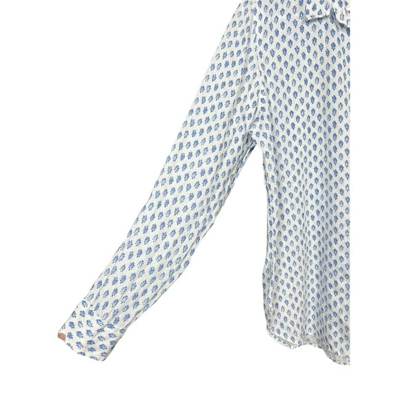 LL Bean Button Up Shirt Womens Medium White Blue Flowers Long Sleeve 100% Linen - Picture 10 of 16